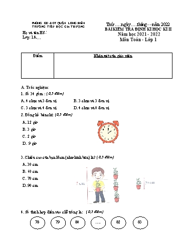 Bài kiểm tra định kì học kì II môn Toán Lớp 1 - Năm học 2021-2022 - Trường Tiểu học Gia Thượng - Đề 1 (Có đáp án)
