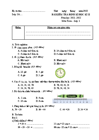 Bài kiểm tra định kì học kì II môn Toán Lớp 1 - Năm học 2021-2022 - Trường Tiểu học Gia Thượng - Đề 2 (Có đáp án)