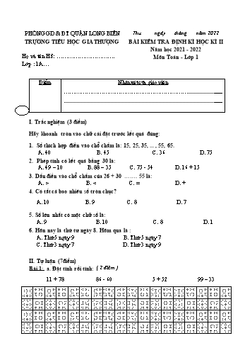 Bài kiểm tra định kì học kì II môn Toán Lớp 1 - Năm học 2021-2022 - Trường Tiểu học Gia Thượng - Đề 5 (Có đáp án)