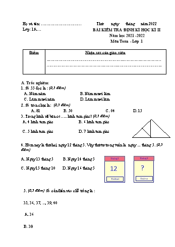 Bài kiểm tra định kì học kì II môn Toán Lớp 1 - Năm học 2021-2022 - Trường Tiểu học Gia Thượng - Đề 6 (Có đáp án)