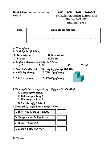 Bài kiểm tra định kì học kì II môn Toán Lớp 1 - Năm học 2021-2022 - Trường Tiểu học Gia Thượng - Đề 4 (Có đáp án)