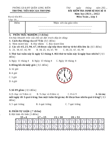Bài kiểm tra định kì học kì II môn Toán Lớp 1 - Năm học 2021-2022 - Trường Tiểu học Gia Thượng - Đề 3 (Có đáp án)