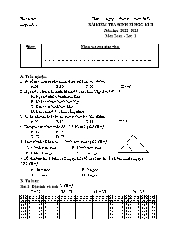 Bài kiểm tra định kì học kì II môn Toán Lớp 1 - Năm học 2022-2023 - Trường Tiểu học Gia Thượng - Đề 3 (Có đáp án)
