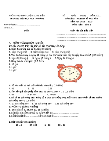 Bài kiểm tra định kì học kì II môn Toán Lớp 1 - Năm học 2022-2023 - Trường Tiểu học Gia Thượng - Đề 1 (Có đáp án)