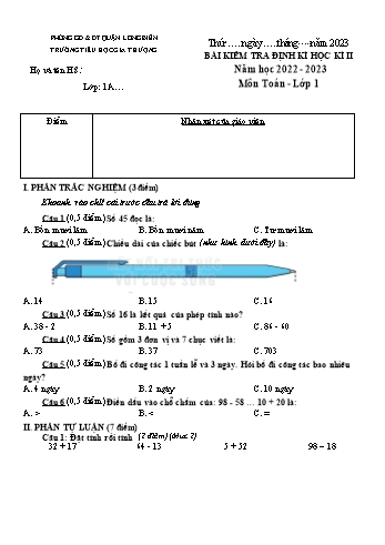 Bài kiểm tra định kì học kì II môn Toán Lớp 1 - Năm học 2022-2023 - Trường Tiểu học Gia Thượng - Đề 2 (Có đáp án)