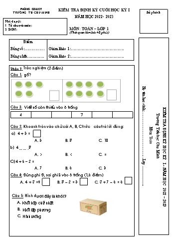 Bài kiểm tra định kỳ cuối học kỳ I môn Toán Lớp 1 (Kết nối tri thức với cuộc sống) - Năm học 2022-2023 - Trường Tiểu học Chu Minh