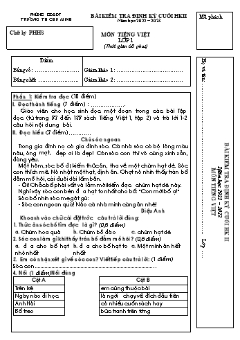 Bài kiểm tra định kỳ cuối học kỳ II môn Tiếng Việt Lớp 1 (Kết nối tri thức với cuộc sống) - Năm học 2022-2023 - Trường Tiểu học Chu Minh