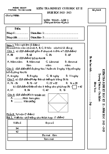 Bài kiểm tra định kỳ cuối học kỳ II môn Toán Lớp 1 (Kết nối tri thức với cuộc sống) - Năm học 2022-2023 - Trường Tiểu học Chu Minh