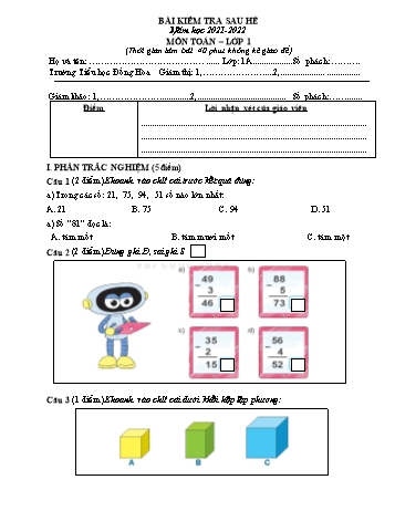 Bài kiểm tra sau hè môn Toán Lớp 1 (Kết nối tri thức và cuộc sống) - Năm học 2021-2022 - Trường Tiểu học Đồng Hòa