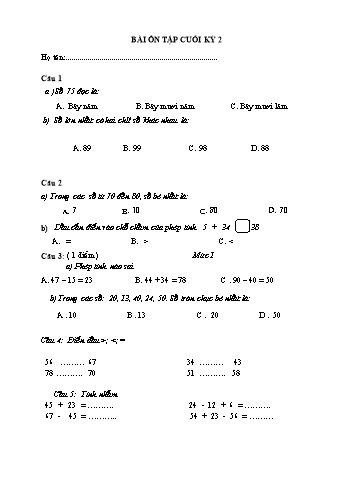 Bài ôn tập cuối kỳ 2 môn Toán Lớp 1