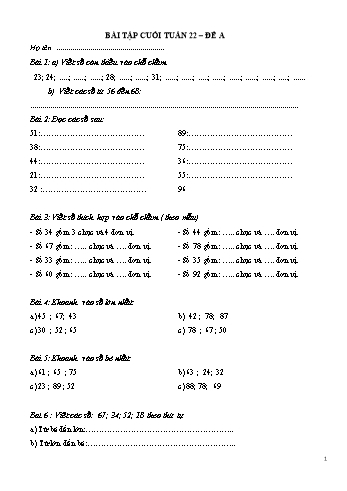 Bài tập cuối tuần môn Toán Lớp 1 (Kết nối tri thức và cuộc sống) - Tuần 22 đến tuần 28