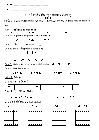 Bộ 11 đề ôn tập cuối năm môn Toán Lớp 1