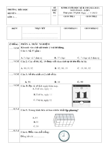 Đề kiểm tra định kì cuối học kì II môn Toán Lớp 1 (Chân trời sáng tạo) - Năm học 2022-2023 (Có đáp án)