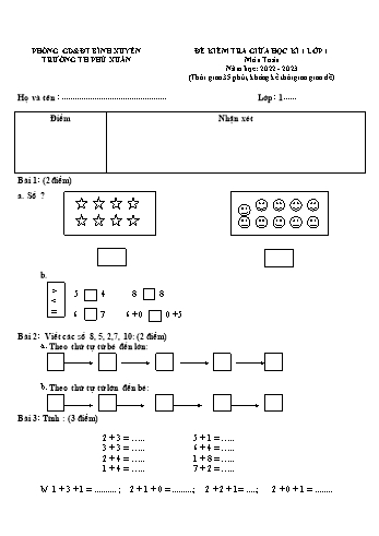 Đề kiểm tra giữa học kì 1 môn Toán, Tiếng Việt Lớp 1 - Năm học 2022-2023 - Trường Tiểu học Phú Xuân (Có đáp án)