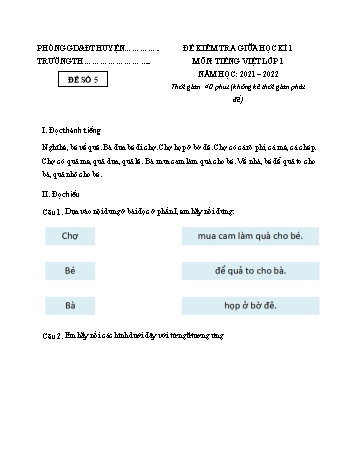 Đề kiểm tra giữa học kì I môn Tiếng Việt Lớp 1 (Kết nối tri thức với cuộc sống) - Năm học 2021-2022 - Đề số 5 (Có đáp án)
