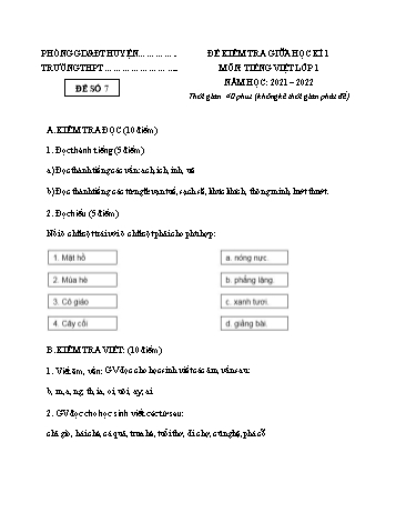 Đề kiểm tra giữa học kì I môn Tiếng Việt Lớp 1 (Kết nối tri thức với cuộc sống) - Năm học 2021-2022 - Đề số 7 (Có đáp án)