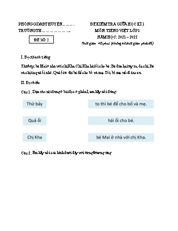 Đề kiểm tra giữa học kì I môn Tiếng Việt Lớp 1 (Kết nối tri thức với cuộc sống) - Năm học 2021-2022 - Đề số 2 (Có đáp án)