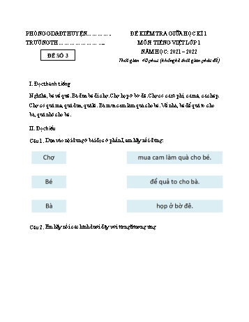 Đề kiểm tra giữa học kì I môn Tiếng Việt Lớp 1 (Kết nối tri thức với cuộc sống) - Năm học 2021-2022 - Đề số 3 (Có đáp án)