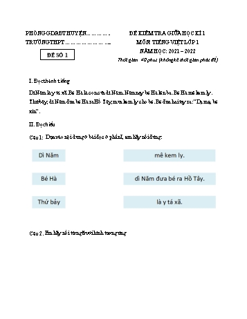 Đề kiểm tra giữa học kì I môn Tiếng Việt Lớp 1 (Kết nối tri thức với cuộc sống) - Năm học 2021-2022 - Đề số 1 (Có đáp án)