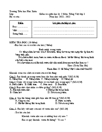 Đề kiểm tra giữa học kỳ 2 môn Tiếng Việt Lớp 1 - Năm học 2021-2022 - Trường Tiểu học Phú Xuân (Có đáp án)