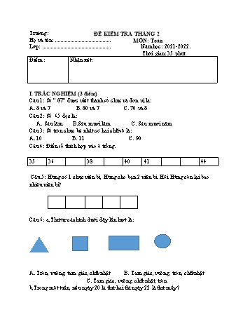 Đề kiểm tra tháng 2 môn Toán Lớp 1 - Năm học 2021-2022