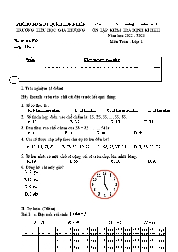 Đề ôn tập kiểm tra định kì học kì II môn Toán Lớp 1 - Năm học 2022-2023 - Trường Tiểu học Gia Thượng (Có đáp án)