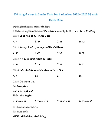 Đề thi giữa học kì 2 môn Toán Lớp 1 (Cánh diều) - Năm học 2022-2023 - Đề số 2 (Có đáp án)