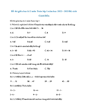 Đề thi giữa học kì 2 môn Toán Lớp 1 (Cánh diều) - Năm học 2022-2023 - Đề số 5 (Có đáp án)