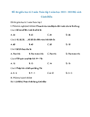 Đề thi giữa học kì 2 môn Toán Lớp 1 (Cánh diều) - Năm học 2022-2023 - Đề số 3 (Có đáp án)