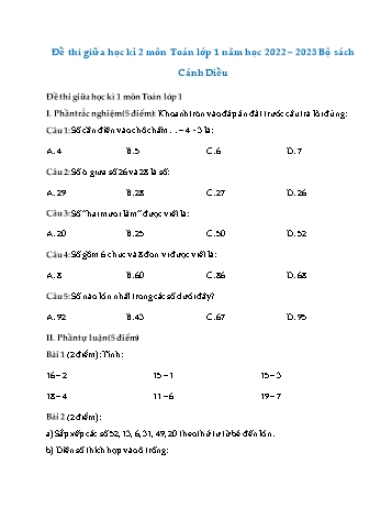 Đề thi giữa học kì 2 môn Toán Lớp 1 (Cánh diều) - Năm học 2022-2023 - Đề số 1 (Có đáp án)
