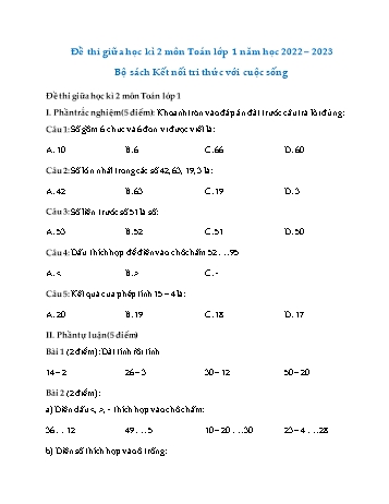 Đề thi giữa học kì 2 môn Toán Lớp 1 (Kết nối tri thức và cuộc sống) - Năm học 2022-2023 - Đề số 2 (Có đáp án)