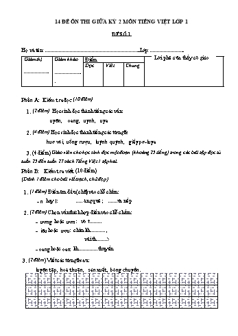 Tổng hợp 14 đề ôn thi giữa kỳ 2 môn Tiếng Việt Lớp 1 (Có đáp án)