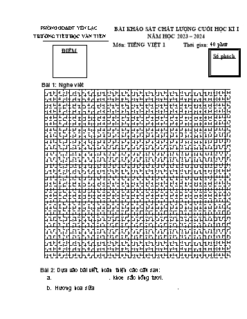 Bài khảo sát chất lượng cuối học kì I môn Tiếng Việt Lớp 1 (Kết nối tri thức và cuộc sống) - Năm học 2023-2024 - Trường Tiểu học Văn Tiến