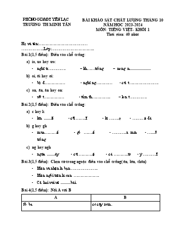 Bài khảo sát chất lượng tháng 10 môn Tiếng Việt Lớp 1 - Năm học 2023-2024 - Trường Tiểu học Minh Tân