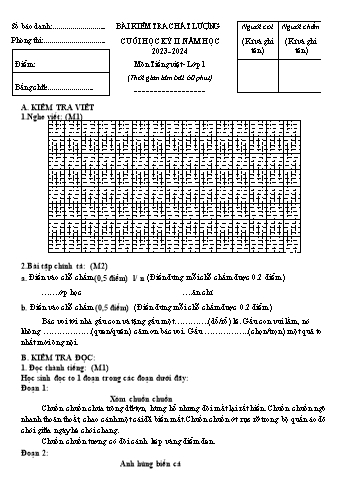 Bài kiểm tra chất lượng cuối học kỳ II môn Tiếng Việt Lớp 1 - Năm học 2023-2024 - Đề 1