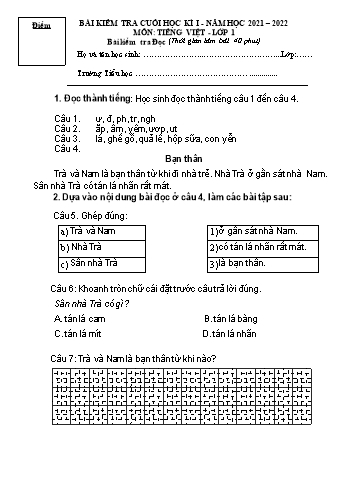 Bài kiểm tra cuối học kì I môn Tiếng Việt Lớp 1 - Năm học 2021-2022 (Có đáp án)