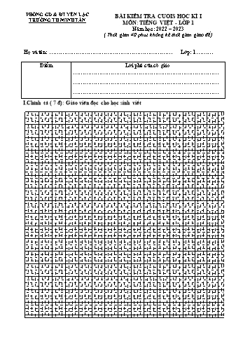 Bài kiểm tra cuối học kì I môn Tiếng Việt Lớp 1 - Năm học 2022-2023 - Trường Tiểu học Minh Tân