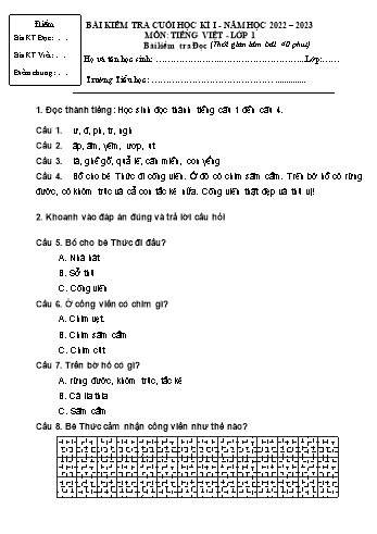 Bài kiểm tra cuối học kì I môn Tiếng Việt Lớp 1 - Năm học 2022-2023 (Có đáp án)
