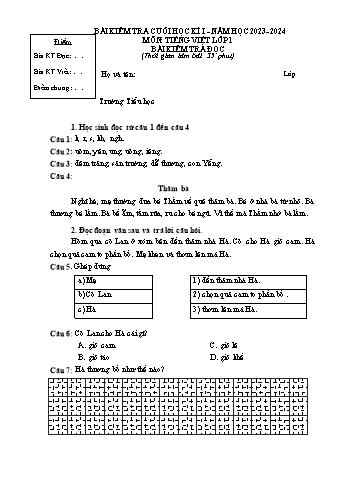 Bài kiểm tra cuối học kì I môn Tiếng Việt Lớp 1 - Năm học 2023-2024 (Có đáp án)