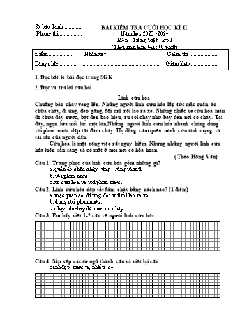 Bài kiểm tra cuối học kì II môn Tiếng Việt Lớp 1 - Năm học 2023-2024