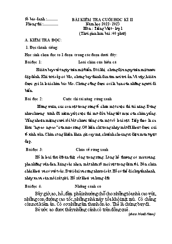 Bài kiểm tra cuối học kì II môn Tiếng Việt Lớp 1 - Năm học 2022-2023 - Đề số 2