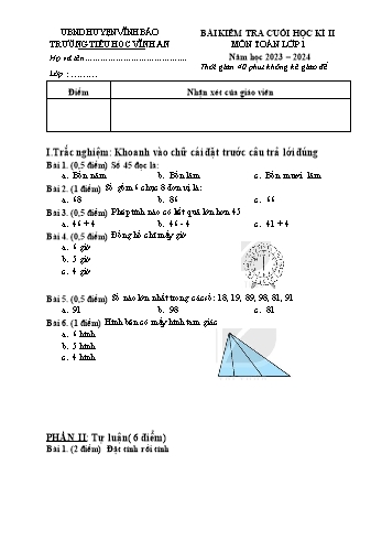 Bài kiểm tra cuối học kì II môn Toán, Tiếng Việt Lớp 1 (Kết nối tri thức và cuộc sống) - Năm học 2023-2024 - Trường Tiểu học Vĩnh An