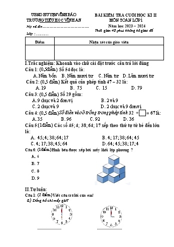 Bài kiểm tra cuối học kì II môn Toán, Tiếng Việt Lớp 1 - Năm học 2023-2024 - Trường Tiểu học Vĩnh An