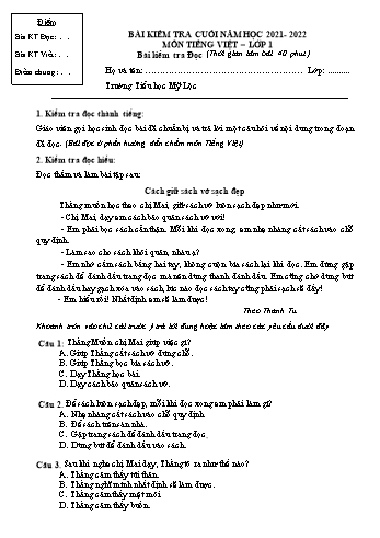 Bài kiểm tra cuối năm môn Tiếng Việt Lớp 1 - Năm học 2021-2022 - Trường Tiểu học Mỹ Lộc (Có đáp án)