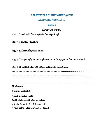 Bài kiểm tra định kì giữa học kì I môn Tiếng Việt Lớp 1 (Kết nối tri thức và cuộc sống) - Đề số 3