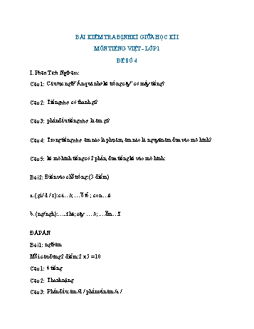 Bài kiểm tra định kì giữa học kì I môn Tiếng Việt Lớp 1 (Kết nối tri thức và cuộc sống) - Đề số 4