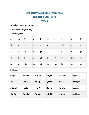 Bài kiểm tra định kì giữa học kì I môn Tiếng Việt Lớp 1 (Kết nối tri thức và cuộc sống) - Đề số 1