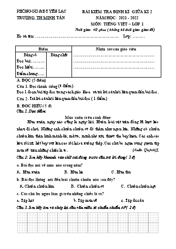 Bài kiểm tra định kì giữa kì 2 môn Tiếng Việt Lớp 1 - Năm học 2021-2022 - Trường Tiểu học Minh Tân (Có đáp án)