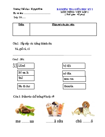 Bài kiểm tra giữa học kỳ I môn Tiếng Việt Lớp 1 - Trường Tiểu học Nguyệt Đức