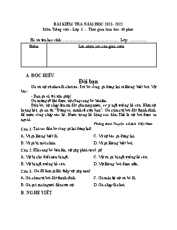 Bài kiểm tra môn Tiếng Việt Lớp 1 - Năm học 2021-2022